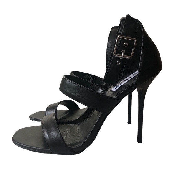STEVE MADDEN Jelena Black Leather Square Toe Stiletto Heels Strappy Sexy Sz 10M - Picture 1 of 9